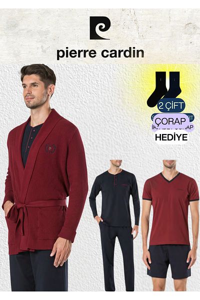 Pierre Cardin 5 Piece Knitwear Robdöşambr & Long Sleeve - Short Sleeve Combed Cotton Pajama Set (with Socks Gift)