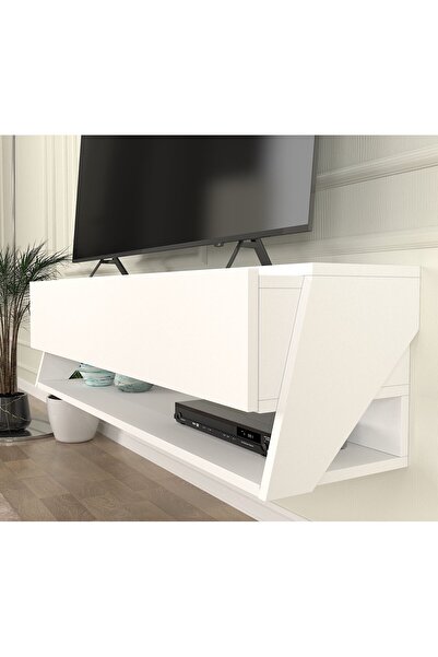 dorpek Lionel Tv Sehpası - Duvara Monte Kapaklı ve Raflı Tv Sehpası Beyaz