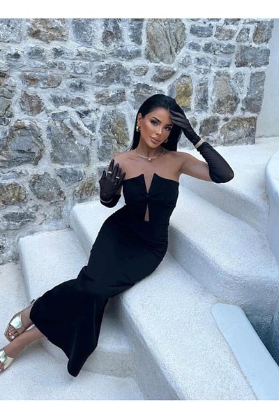 Eyyo Long black dress with neckline and bow detail - S