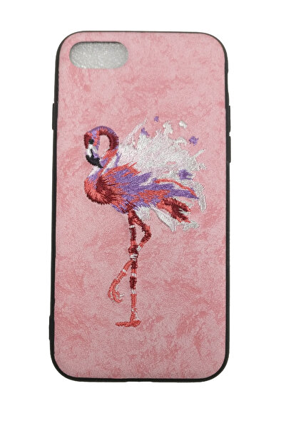 OEM Husă compatibilă cu iPhone 7, Flamingo brodat pe imitație de piele, Roz