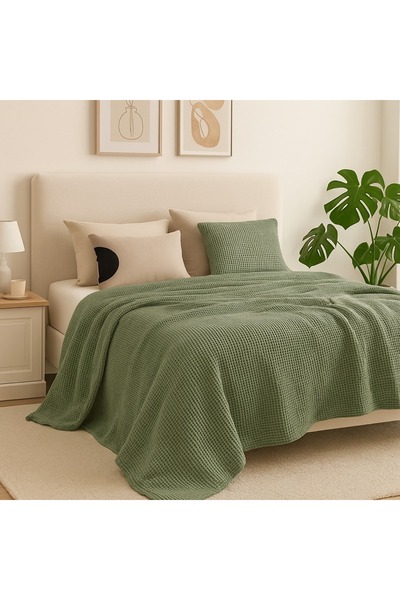 Tasarım HB&Victory %100 Pamuk Waffle Tek Kişilik Yatak Örtüsü – Zeytin Yeşili 160x240 cm