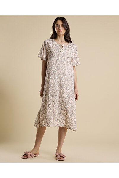 R&B قميص نوم مطبوع برباط على الرقبة وأكمام واسعة