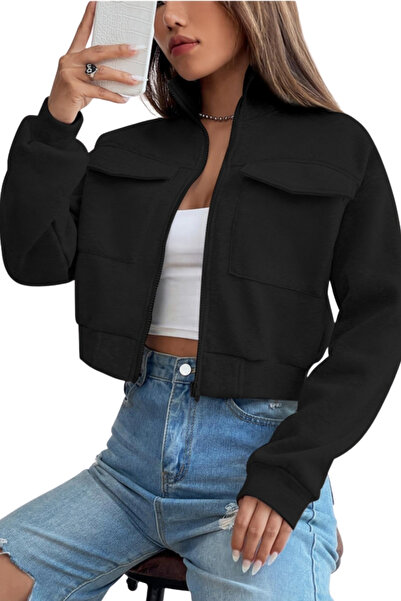 CLAYES Жіночий чорний укорочений піджак з кишенями та високим коміром