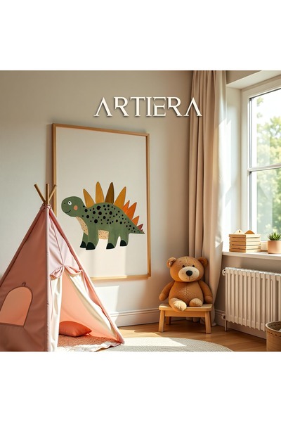 HİGUERA Cute Dinosaur Themed Minimalist Baby Kids Room Decoration Wooden Framed Wall Painting