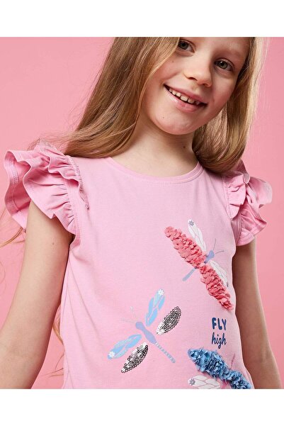 R&B Sequined Top with Crew Neck and Ruffle Sleeves