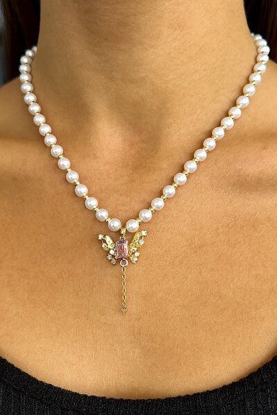 TAKIŞTIR قلادة من اللؤلؤ الصلب على شكل فراشة باللون الذهبي