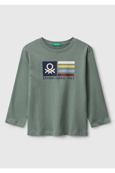 United Colors of Benetton Boy's khaki organic cotton front logo Printed long sleeve jersey t-shirt