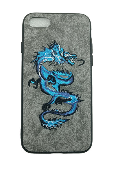 OEM Husă compatibilă cu iPhone 7, Dragon brodat pe imitație de piele, Gri