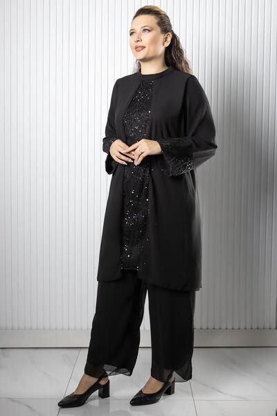 SUBU TASARIM Chiffon Sandy Stone Embroidered Plus Size Hijab Evening Dress Blouse Pants Suit Tbs962