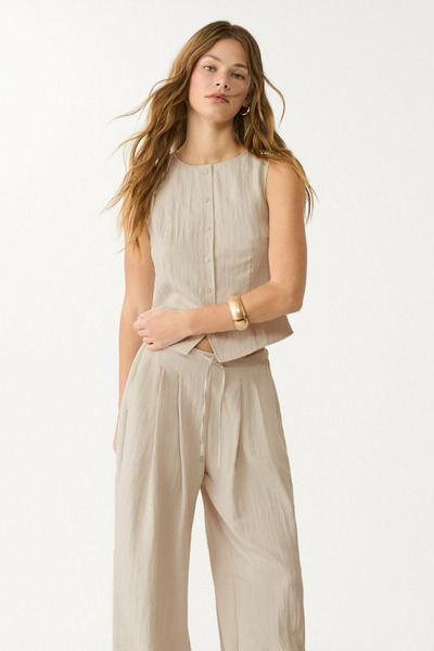VODENS Linen Modal Blended Loose Cut Beige Trousers with Elastic Waist