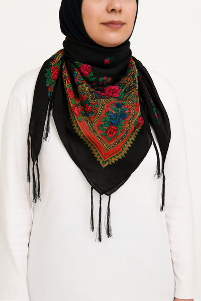 KUŞOO Traditional Motif Black Tassel Shawl – Floral Patterned Hijab Shawl”