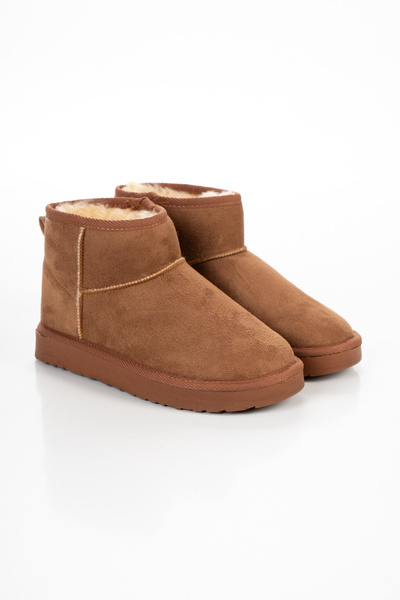 ForYou4 Mini Tan Suede Half Boots with Fur Inside Flat Sole Women's Shoes