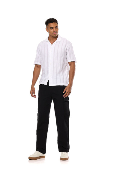 R&B Striped Shirt with Revere Collar and Short Sleeves