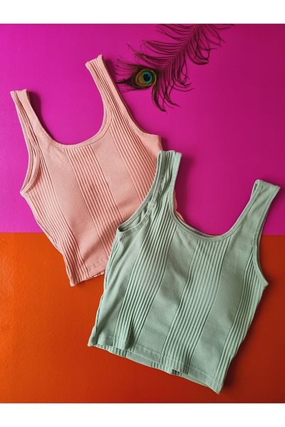 Demirsa Boutique Camisole Fabric Oval Neck 2-Piece Green, Powder Women's Fixed Pad Crop Blouse Tank Top