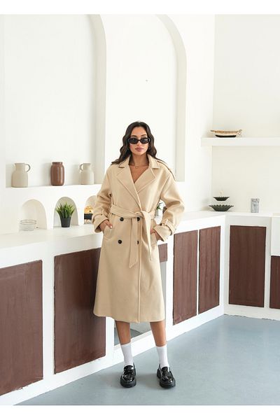 Le Savu Shilsee Women's Beige Color Double-Collar Belted Apollet Pocketed Coat