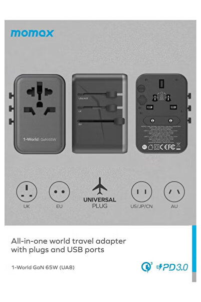 Momax TRAVEL ADAPTER UA8A 1-World 65W GaN 5 Ports + Multi Plug Travel Adapter - TITANIUM CHROMA