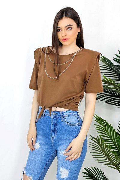 FashionForYou Kim elegant blouse, with waist tie and metallic accessories with crystals, Brown, M