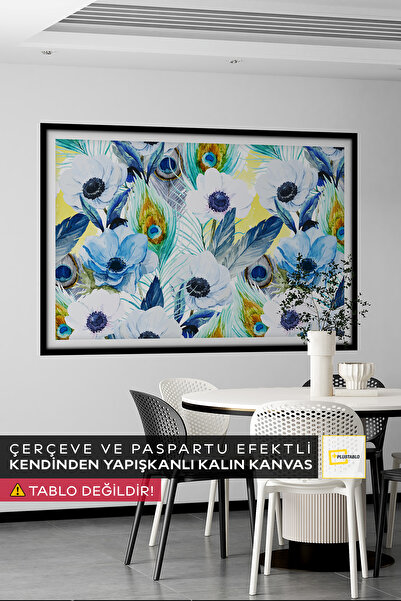 Plustablo Kuş Tüyü ve Çiçekler Kendinden Yapışkanlı Poster Duvar Kanvası, Ken...