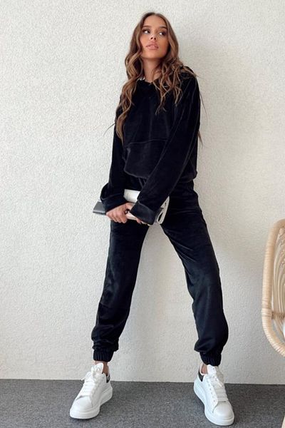 FashionForYou Catiana velvet set, elastic band pants, oversized pocket blouse and hood, Black, S