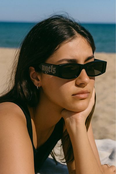 LAALUNA Bold Black Rectangle Sunglasses with Statement Side Lettering
