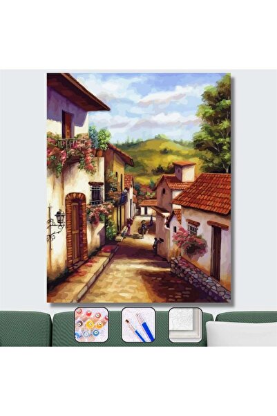 Pastelya Sayılarla Boyama Seti Çerçeveli Kasnaklı Taş Evler 40x50 cm