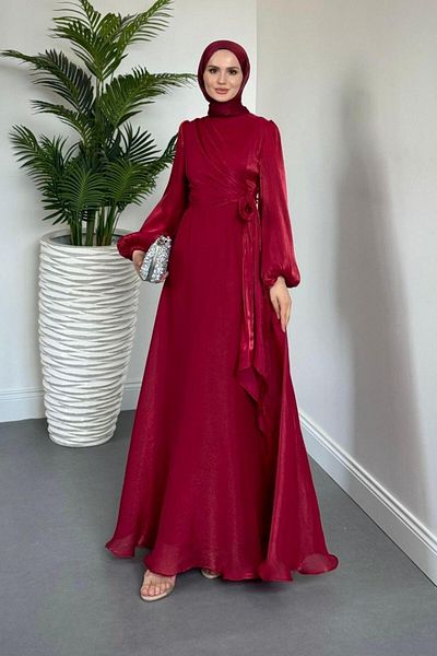 MERVEN AKYÜZ Celia Side Tie Janjan Evening Dress Burgundy