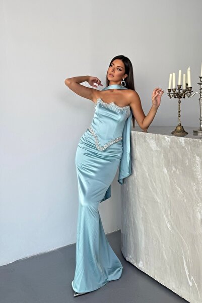 İyem Abiye Şal Ve Taş Detaylı Şık Özel Tasarım Saten Abiye Elbise Dar Kalıp