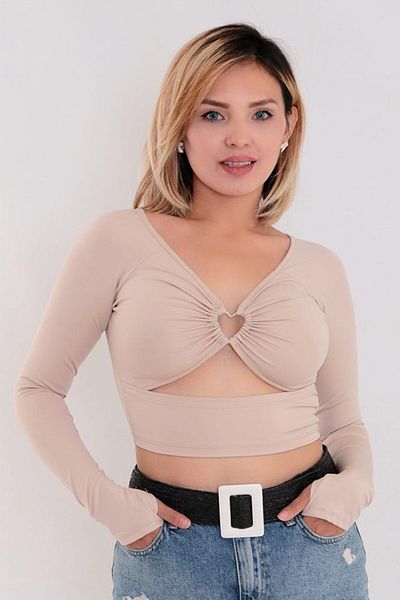 FashionForYou Lina crop top, with front cutouts and long sleeves with finger slit, Cream, M