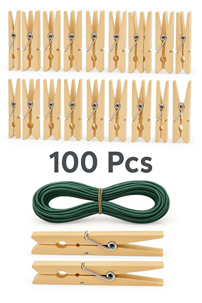 Metler 100 قطعة من مشابك الغسيل الخشبية + 10 متر من حبل الغسيل الفولاذي |   ا...