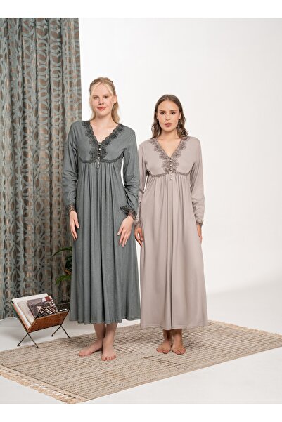 BLACKMORE Dark Green Sleeve and Collar Lace Cotton Battal (Plus Size) Long Sleeve Nightgown