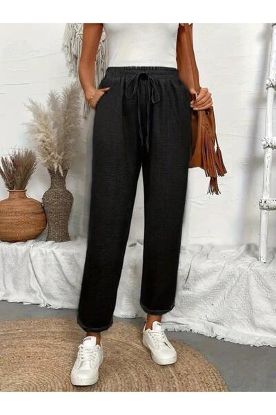 MHT STORE Women's High Waist Elastic Waist Aerobin Trousers with Lacing Detail