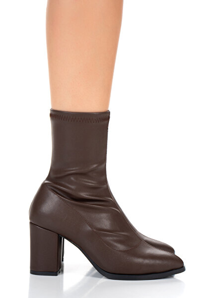 ELEVAM Cizme cu toc cu cusătură în mijloc, din piele maro, cu vârf ascuțit