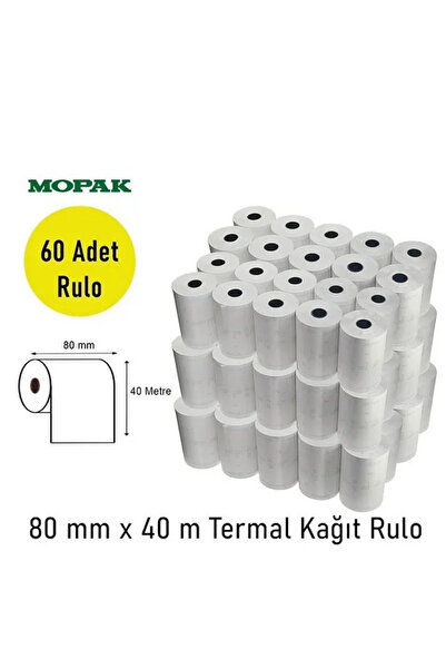Mopak 80x40 Termal Rulo Adisyon Yazarkasa Pos Fiş Bilgi 80x40 Yemek Fişi Termal Rulosu 1 Koli 60 Adet Rulo