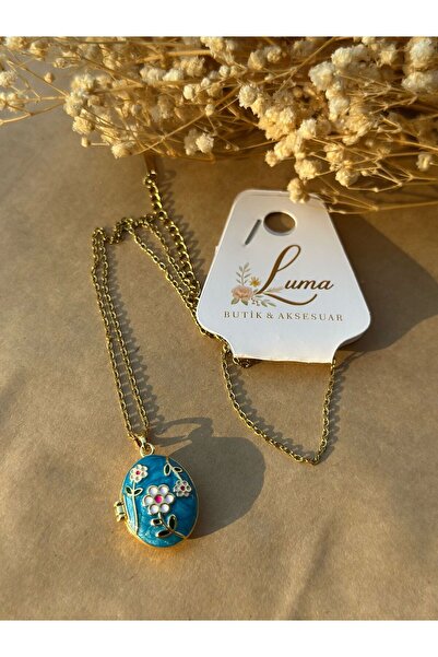 LUMA BUTİK&AKSESUAR KADIN ÇELİK KOLYE MAVİ ÇİÇEKLİ PİNTEREST MODEL