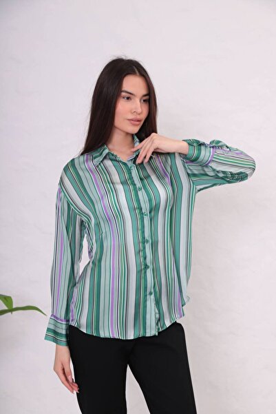 Mintaş Boyuna çizgili Saten kadın Gömlek