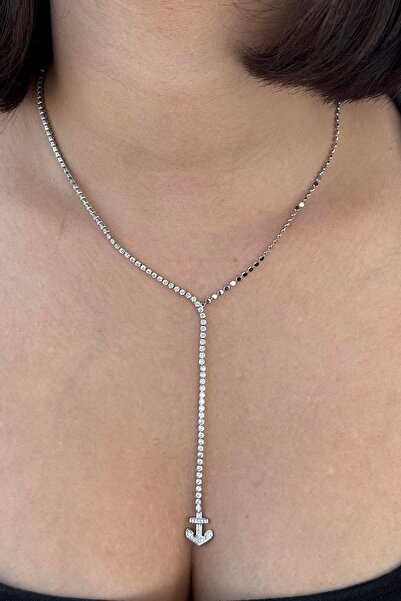 TAKIŞTIR Silver Color Anchor Figured Stone Detailed Steel Y Necklace