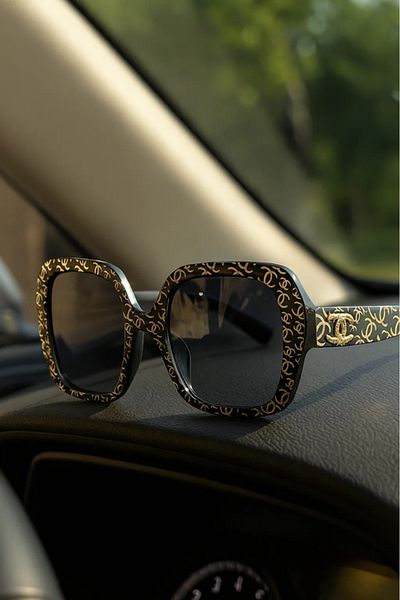 LAALUNA Oversized Black Square Sunglasses with Patterned Frame and Dark Lenses