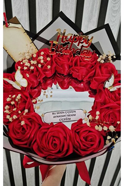 CANSIN 12 ADET AYNALI SOLMAYAN GÜL BUKETİ HAPPY BRTHDAY PLEKSLİ [ NOT YAZILIR ]