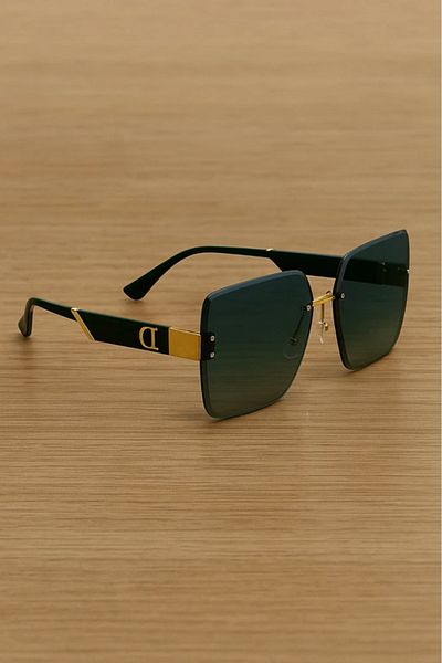 LAALUNA Oversized Rimless Square Sunglasses with Green Lenses and Gold Detailing