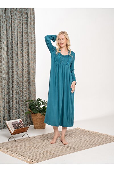 BLACKMORE Petrol Lace Sectioned Cotton Battal (Large Size) Long Sleeve Nightgown