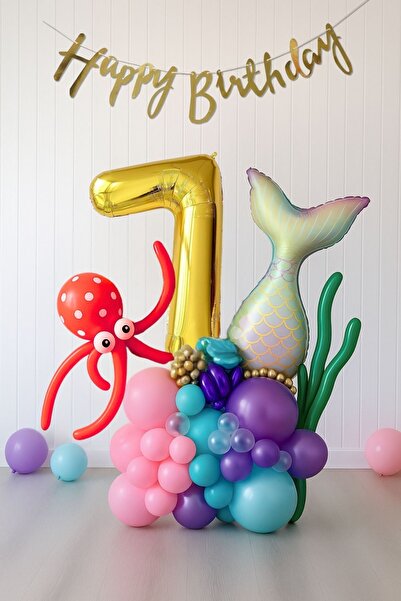 PARTİAVM 7 Year Old Girl's Birthday Mermaid Balloon Bouquet Mermaid Theme Gold Number Balloon Chain Concept