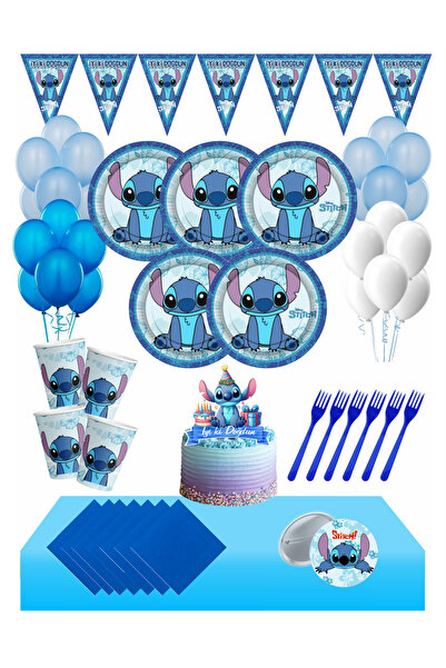 Masal Şekerleme Lilo & Stitch 8 Kişilik Rozetli Doğum Günü Seti - Stich Mavi