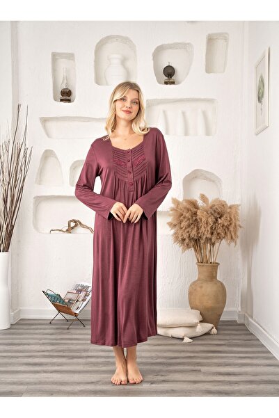 BLACKMORE Burgundy Front Half Button Cotton Oversized (Plus Size) Long Sleeve Nightgown
