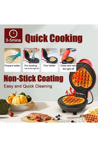 EMATTERIO Mini Heart-Shaped Waffle Maker, Non-Stick Coating, Indicator Light, Red/Black