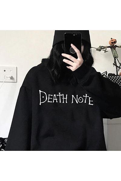 aynewmoda Harajuku Gothic Aesthetic Printed Long Sleeve Hooded Fleece Sweatshirt - Black, Plus Size
