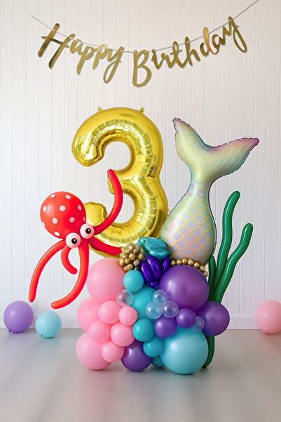 PARTİAVM 3 Year Old Girl's Birthday Mermaid Balloon Bouquet Mermaid Theme Gold Number Balloon Chain Concept