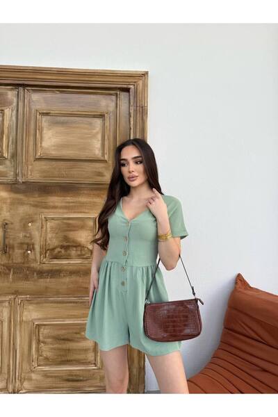 edz moda moda ve tarzın buluştuğu nokta Women's Turquoise Buttoned Shorts Jumpsuit Trend