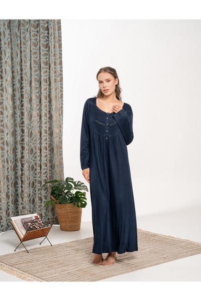 BLACKMORE Navy Blue Front Half Button Cotton Oversized (Plus Size) Long Sleeve Nightgown
