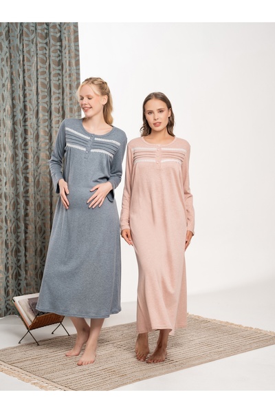 BLACKMORE Salmon Melange Lace Detailed Cotton Oversized (Plus Size) Long Sleeve Nightdress