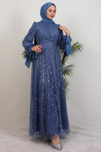 GİYZAMİLA Sleeveless Satin Evening Dress Blue